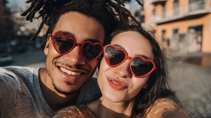 A loving couple of a white woman and a black man take a selfie wearing heart-shaped glasses