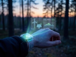 Futuristic Smartwatch Projecting Environmental Data Hologram in Forest