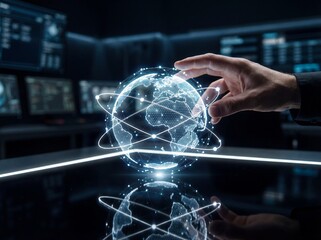 Hand Manipulating Digital Holographic Globe in High-Tech Command Center