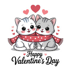 Cute cartoon cats wearing red scarf celebrating valentine's day