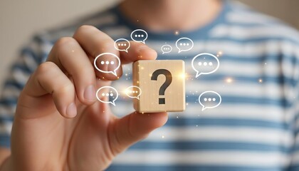 Questioning and communication concept with a wooden cube showing a question mark surrounded by speech bubbles.