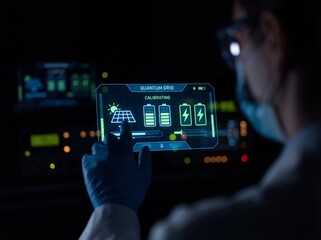 Scientist Calibrating Quantum Grid Interface for Renewable Energy Management