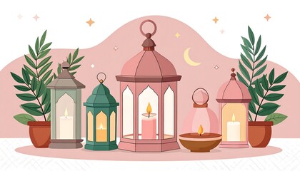 Ramadan Lanterns with Potted Plants Illustration.