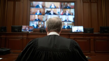 Medium shot of a judge presiding over a virtual courtroom with multiple participants on digital screens showcasing modern legal technology in action.