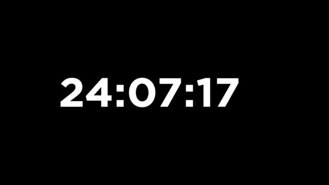 digital clock displaying 24 hours 00 minutes 00 seconds on black background time countdown