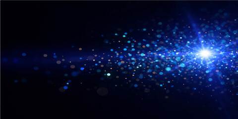 Abstract blue vector background featuring a bright motion blur pattern with glowing stars and glitter particles for a shiny holiday decoration wallpaper design