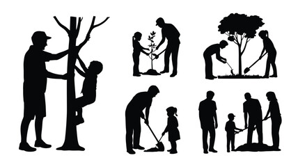 Fototapeta premium Silhouettes of various people engaging in tree planting and outdoor gardening activities with children