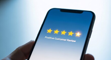 Close-up of a smartphone displaying a five-star positive customer review rating with a glowing star and text emphasizing excellent service and customer satisfaction