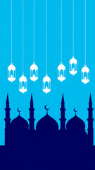 Fototapeta premium Blue Islamic Background with Hanging Lanterns and Mosque Silhouettes