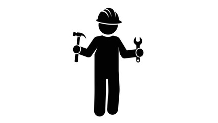 Construction worker holding hammer and wrench silhouette, handyman icon vector.