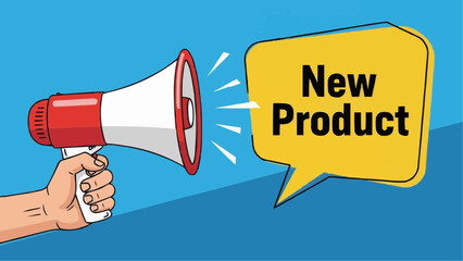 Hand holding megaphone announcing new product launch loudly