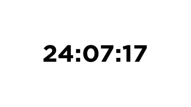 Digital clock displaying 23 hours 00 minutes 00 seconds on white background time animated.4k video.