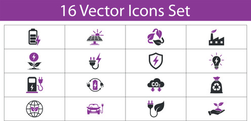 environmental conservation and sustainable energy solutions icons set. Collection of eco-friendly 
energy and sustainability icons for green technology