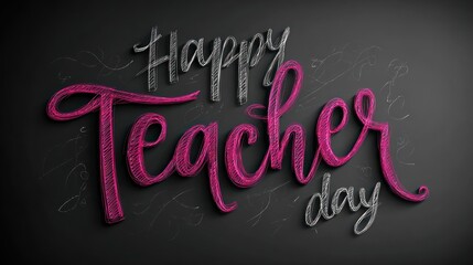 Happy Teachers Day elegant typography design with pink and silver lettering on a dark textured background.
