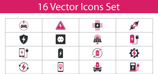 Collection of electric vehicle and energy icons. A set of flat design icons illustrating electric 
vehicles, charging stations, batteries, solar power, and digital technology
