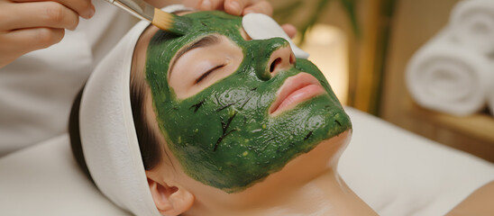 Woman receiving a green facial mask treatment at a spa, showcasing relaxation and skincare routine