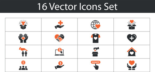 A set of charity and donation icons, symbolizing love, support, and giving, for non-profit 
organizations and fundraising campaigns