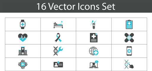 Collection of modern healthcare and medical icons. healthcare solid icon set. Include DNA icon, 
genetics, telemedicine, doctor, patient, medical research, science, heartbeat, ribbon and more