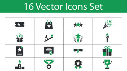 Success achievement reward and recognition flat vector icons set. Includes trophies, medals, 
certificates, gifts, and celebratory elements