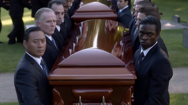 A solemn group of individuals carrying a casket at a funeral, showing respect and mourning. They are dressed in formal attire Stock Video