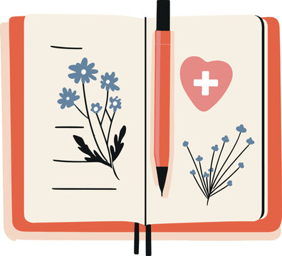 Open diary with pencil and floral drawings for journaling and nature appreciation