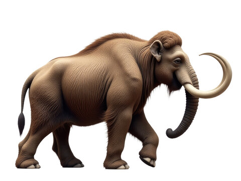 A majestic elephant with long tusks walks on a clean and minimalist background