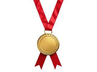 A shiny gold medal wrapped in a bright red ribbon, ideal for sports or achievement awards