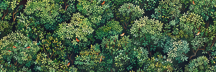 Hand Drawn Watercolor Magic Forest with Little Red Birds Seamless Pattern on Dark Night Background for Cute Animal and Nature Concept

