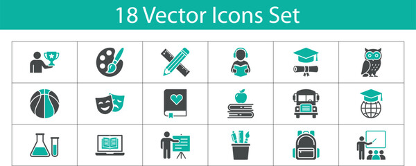 Educational icon set. Including teaching, graduation, art, sports, education, learning, college, 
teaching and more. vector solid icons set