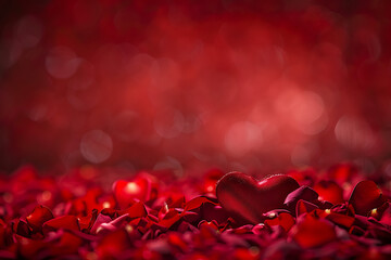 Red Heart Shape on Rose Petals with Romantic Bokeh Blur Background for Valentine's Day and Wedding Love Concept

