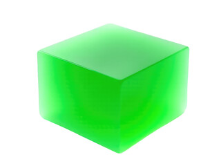 Fototapeta premium A single green glass cube sits on a white background, isolated and simple
