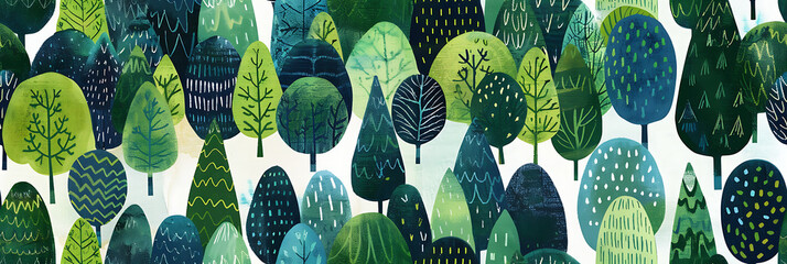 Hand Drawn Deep Green and Teal Forest Tree Seamless Pattern on White Background for Nordic Style Nature Texture

