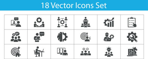 Business Strategy Icons Set. Including Teamwork, leadership, technology, productivity, Management, 
leadership, development and more. Vector solid icons set