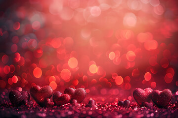 Red Heart Shape and Rose Petals on Glitter Bokeh Background for Romantic Valentine's Day Love Concept with Texture

