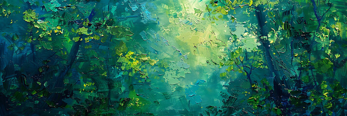 Impressionist Style Green Forest Oil Painting Background with Blur Artistic Brush Strokes and Dappled Sunlight


