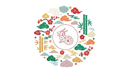 Vibrant circular illustration of Chinese New Year and Lunar New Year themed icons, including a rabbit, on a white background with bright, festive colors and various food and plant elements.