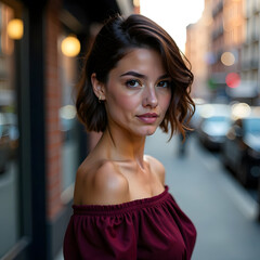 Woman poses confidently on a city street during golden hour, showcasing urban fashion and approachable beauty