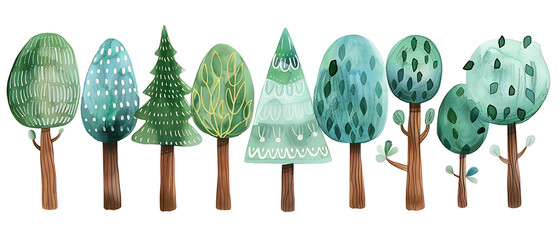 Hand Drawn Watercolor Forest Tree Row Border Illustration Isolated on White Background for Nordic Nature Decoration


