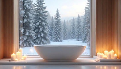 Modern bathroom with freestanding tub offers serene winter forest views. Candles glow on windowsill creating tranquil spa atmosphere. Wood paneled walls add warmth and contrast to snowy outdoor scene.