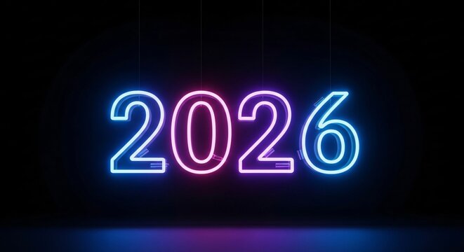 Bright neon glowing 2026 numerals in vibrant colors celebrating the upcoming year in a modern futuristic style for New Year countdown or event promotion - Powered by Adobe
