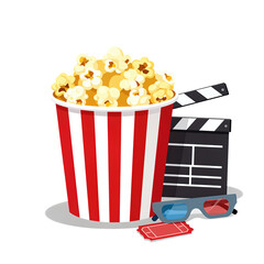 Popcorn bucket with cinema clapperboard, 3D glasses, and tickets.