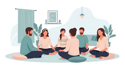 Group of diverse people meditating together in a cozy living room setting.