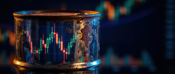 Oil Barrel with Stock Market Chart Reflection Oil price surge , Oil price crisis concept