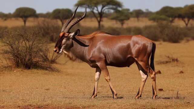 A magnificent sable antelope gracefully walking across the open savanna. The antelope has a dark coat and impressive, curved horns. Stock Video