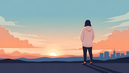 Person standing on rooftop overlooking city skyline at sunset.