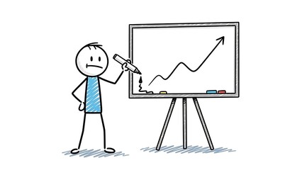 Stick Figure Drawing Upward Trend Graph on Whiteboard.