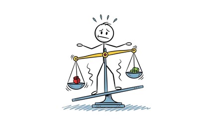 Stick Figure Struggling on Unbalanced Scale with Different Items on Each Side.
