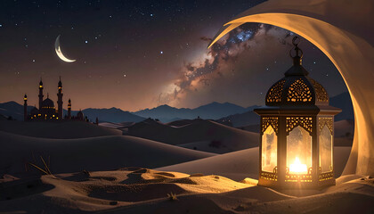 Moon Crescent and Lanterns in Desert Night with Camelot Style Distant City
