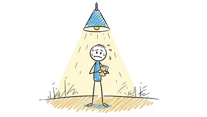 Stick figure under a spotlight looking stressed and holding a yellow object.