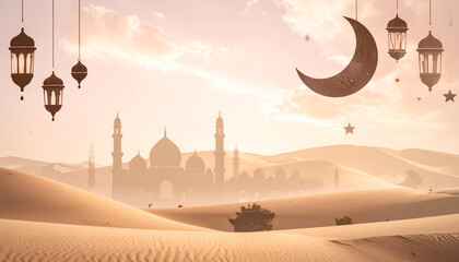 Desert Landscape with Silhouetted Mosque and Crescent Moon at Dusk
